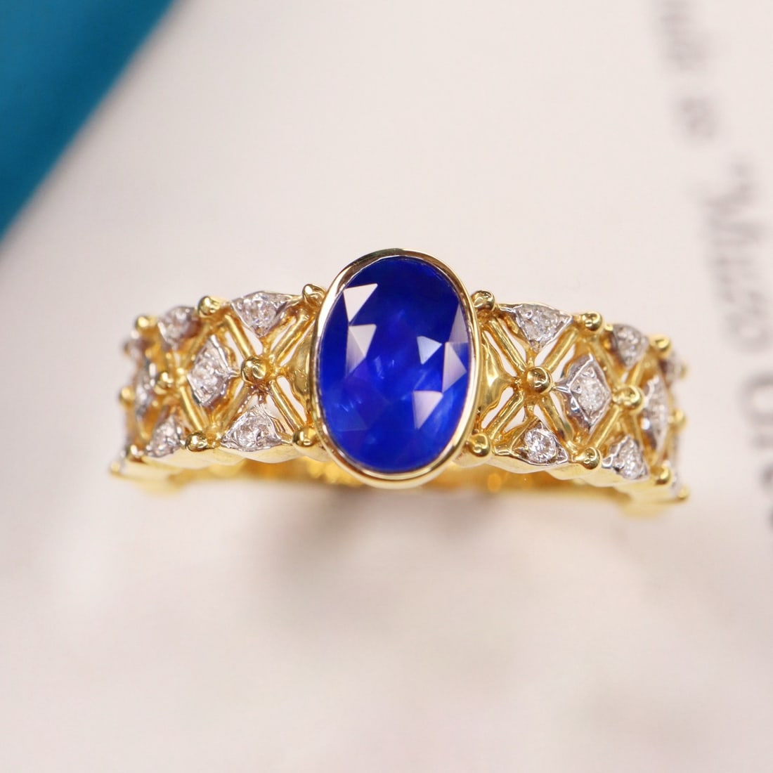 14k Gold 1.20 Ctw Natural Sapphire & Diamond Ring: Ref:231190219 // gold content:14k gold // ring size:7. 25us // // main gemstone:sapphire // shape:oval // carat weight:1. 09ct // color:royal blue // treatment:natural // // adjacent gemstone 2 :