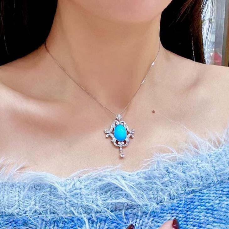 14k Gold 5.63 Ctw Natural Blue Turquoise & Sapphire Pendant( Without Chain ) - 3