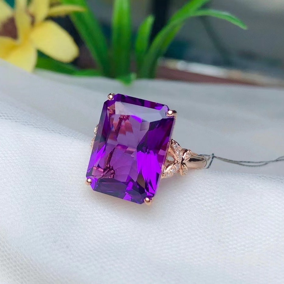 14k Gold 9.05 Ct Natural Amethyst & Diamond Ring - 3
