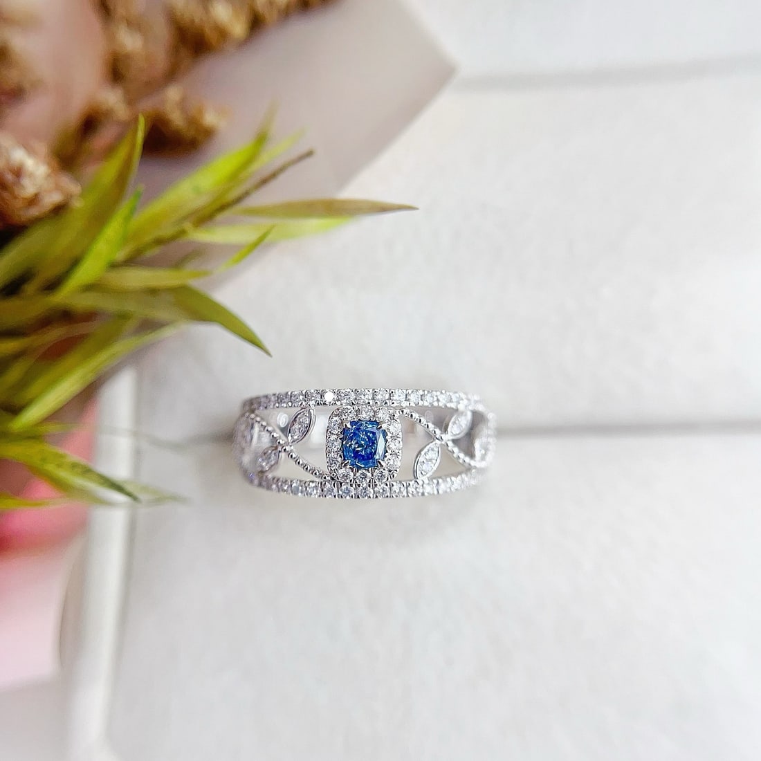 14k Gold 0.45 Ctw Natural Blue Diamond & Diamond Ring: Ref:231190280 // gold content:14k gold // ring size:7. 25us // // main gemstone:blue diamond // shape:cushion // carat weight:0. 15ct // color:blue // treatment:natural // // adjacent gemstone 2 :