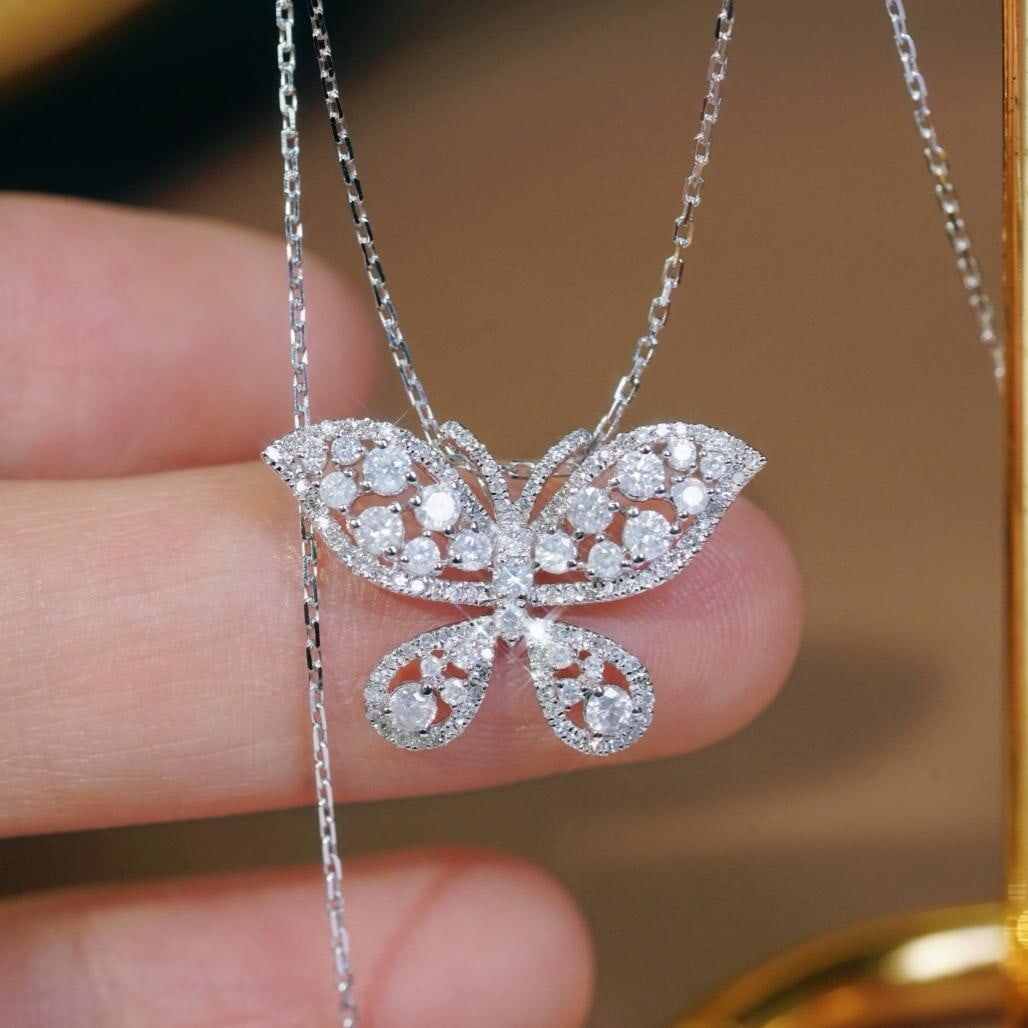 14k Gold 0.88 Ct Natural H Diamond & Butterfly Necklace: Ref:231190281 // gold content:14k gold // main gemstone:diamond // shape:round // carat weight:0. 88ct // clarity grade:vs-si // color:h // treatment:natural // cut grade:g // Condition: New Low