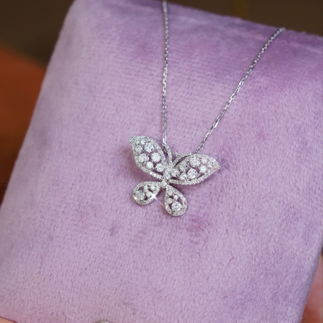 14k Gold 0.88 Ct Natural H Diamond & Butterfly Necklace - 2
