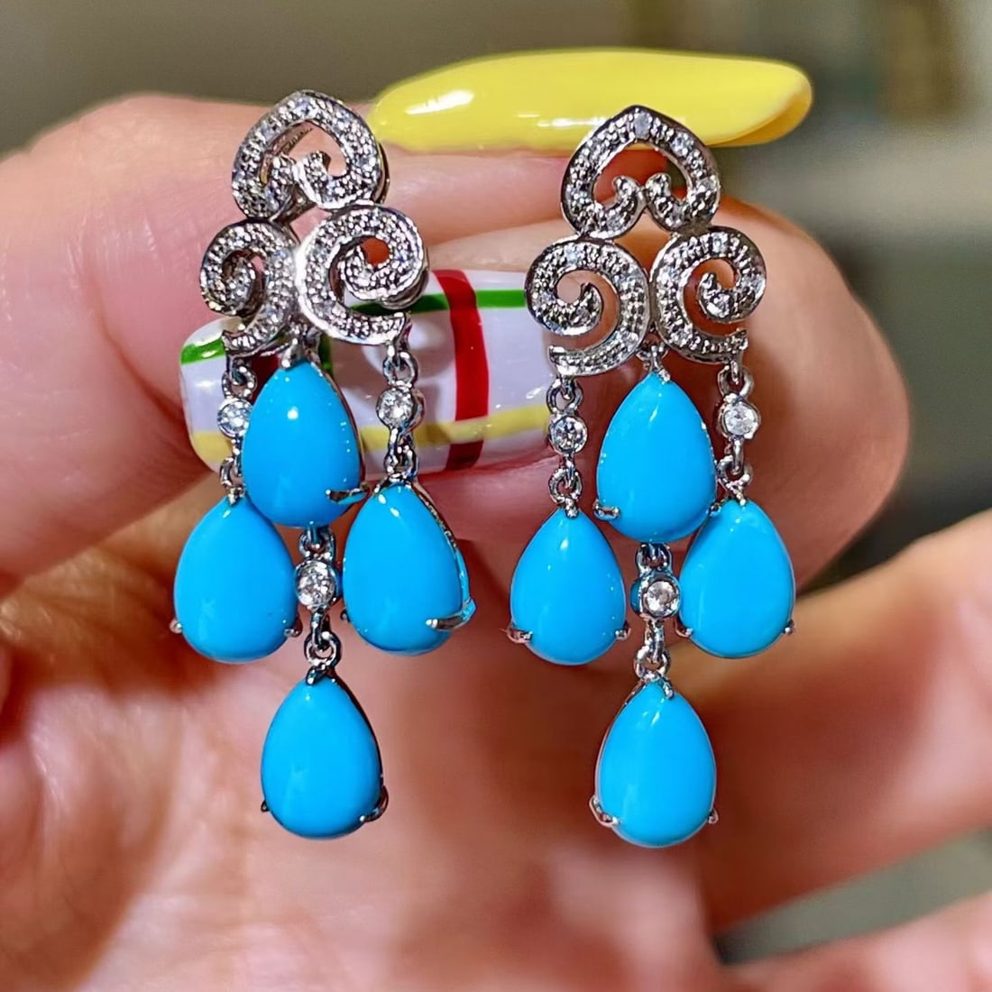 14k Gold 5.82 Ctw Natural Blue Turquoise & Diamond Earrings: Ref:231190298 // gold content:14k gold // main gemstone:blue turquoise // shape:pear // carat weight:5. 66ct // color:blue // treatment:natural // // adjacent gemstone 2 : diamond // shape:round //