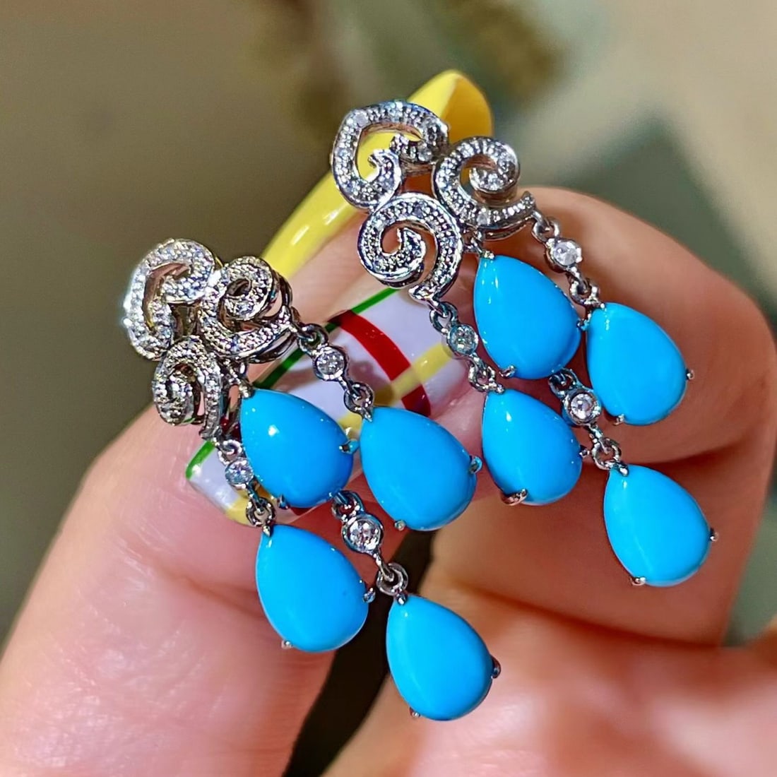14k Gold 5.82 Ctw Natural Blue Turquoise & Diamond Earrings - 2
