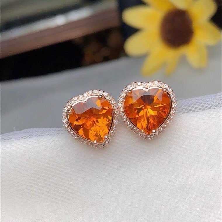 14k Gold 3.15 Ct Natural Citrine & Diamond Earrings - 4