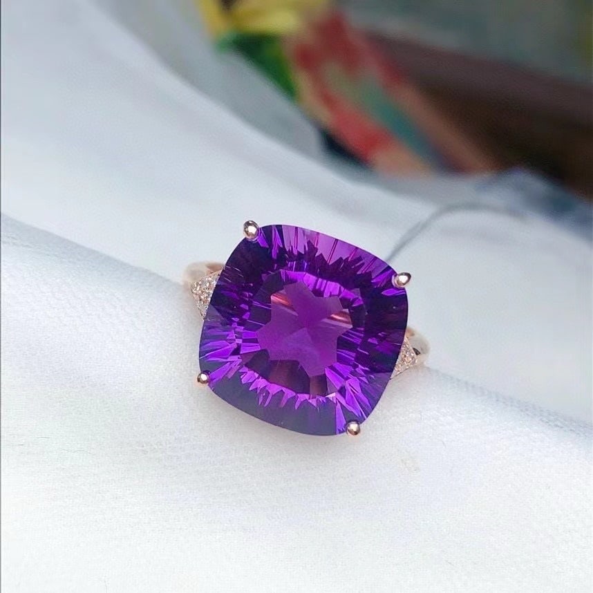 14k Gold 8.30 Ct Natural Amethyst & Diamond Ring - 2