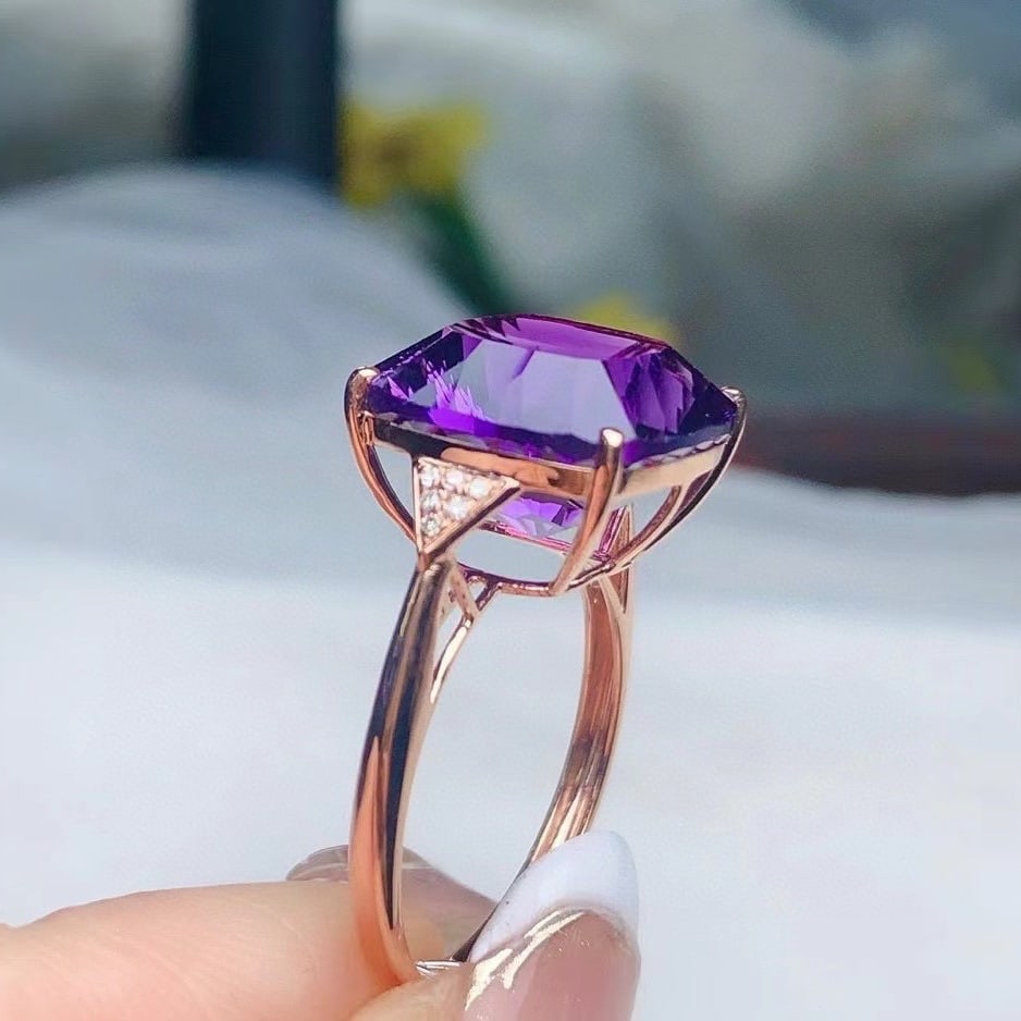 14k Gold 8.30 Ct Natural Amethyst & Diamond Ring - 4
