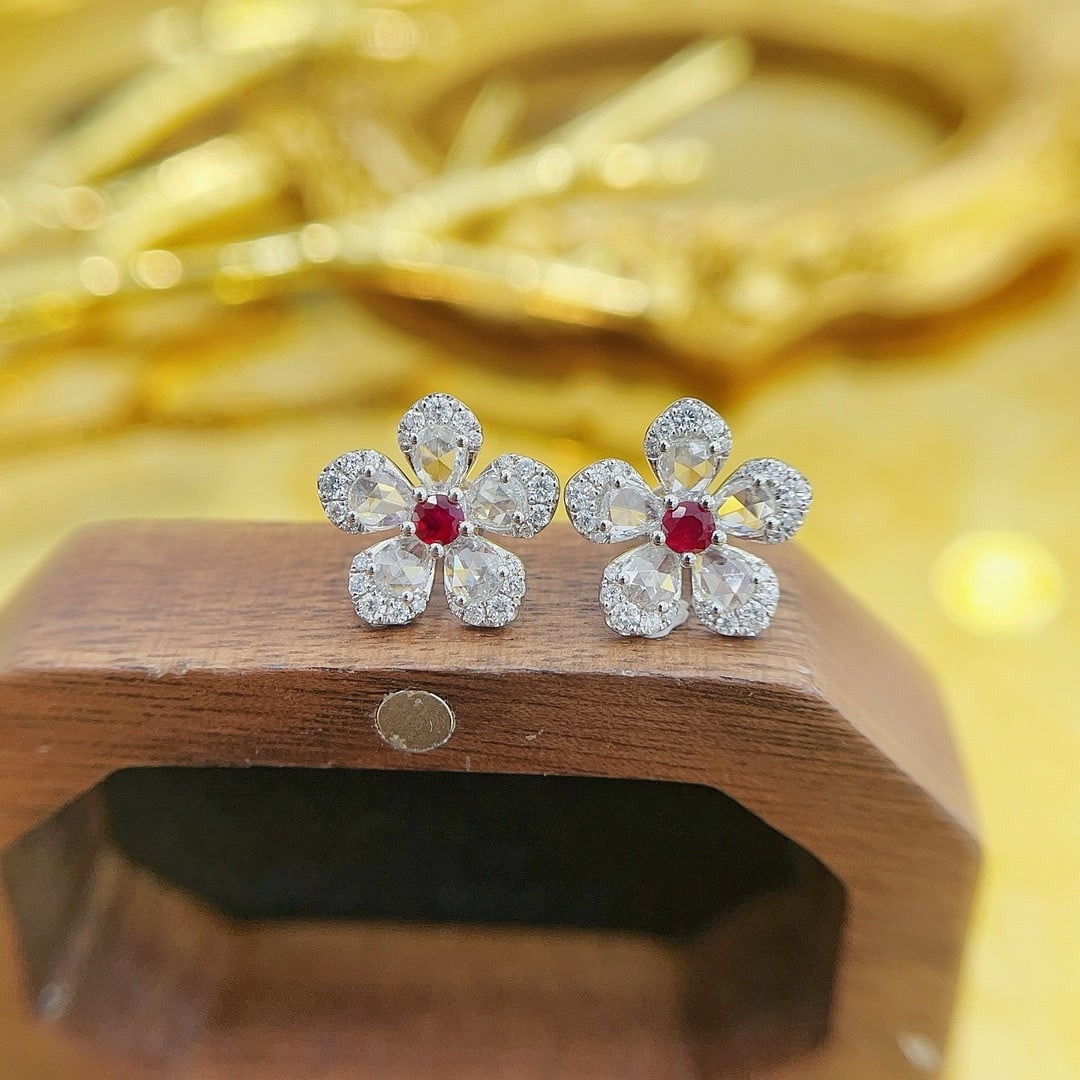 14k Gold 1.36 Ctw Natural Ruby & Diamond & Flowers Earrings: Ref:231190327 // gold content:14k gold // main gemstone:ruby // shape:round // carat weight:0. 20ct // color:red // treatment:natural // cut grade:g // // adjacent gemstone 2 : diamond //