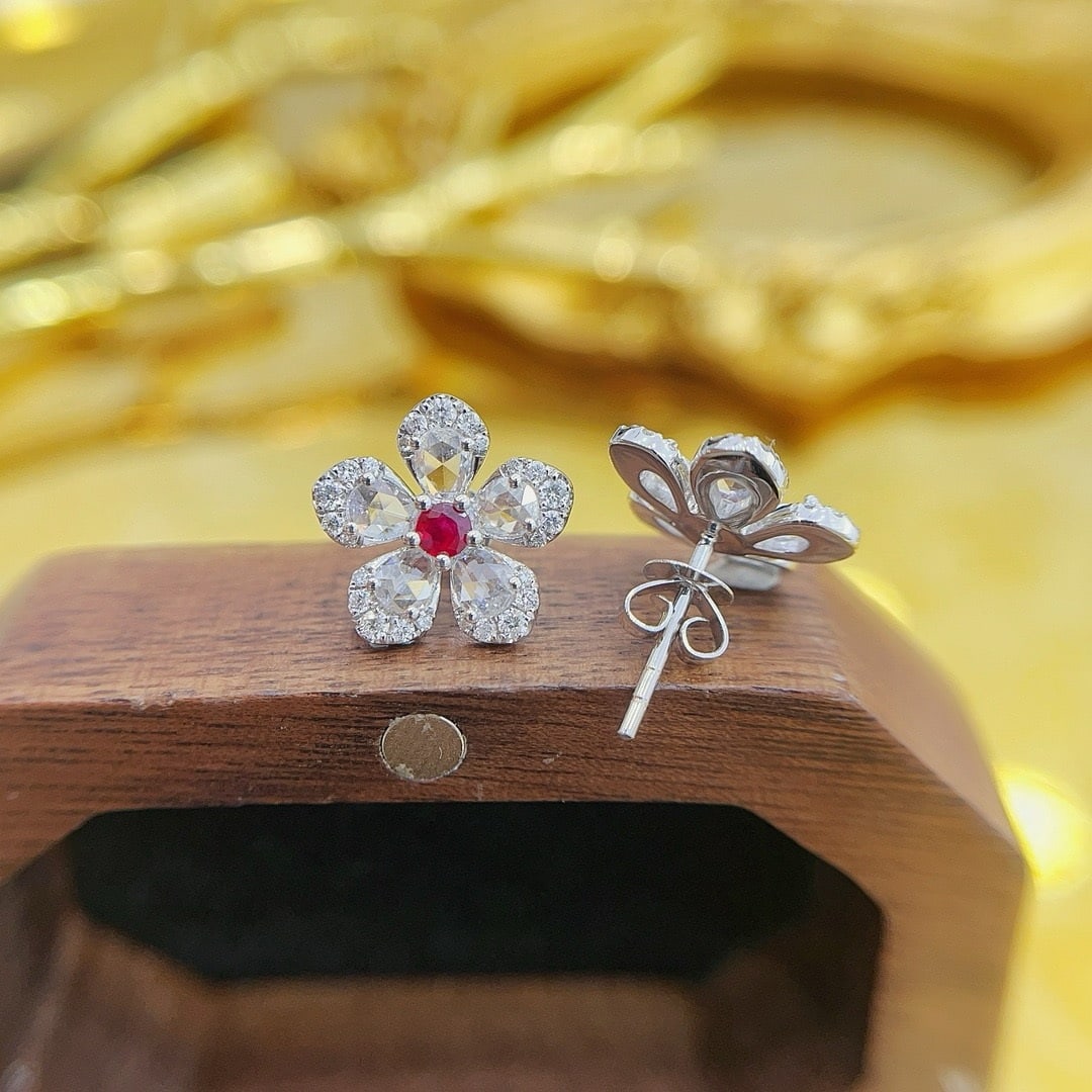 14k Gold 1.36 Ctw Natural Ruby & Diamond & Flowers Earrings - 4