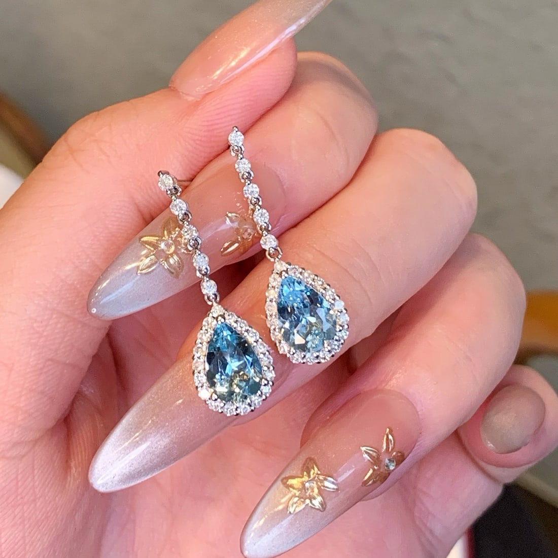 14k Gold 2.08 Ct Natural Aquamarine & Diamond Earrings - 5