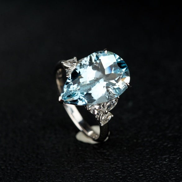 14k Gold 6.63 Ctw Natural Aquamarine & Sapphire Ring - 7