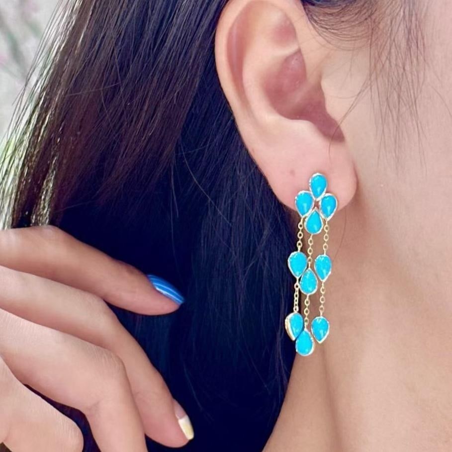 14k Gold 8.0 Ct Natural Blue Turquoise Earrings - 4