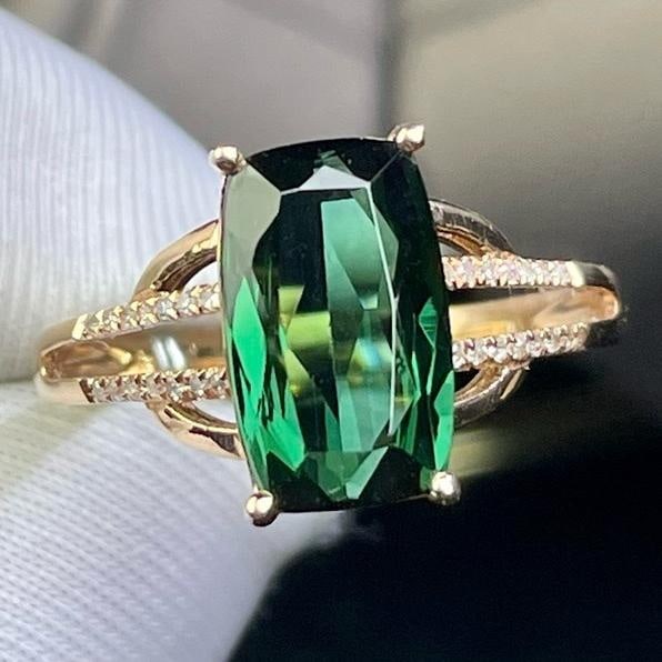 14k Gold 3.86 Ct Natural Tourmaline & Diamond Ring: Ref:231190343 // gold content:14k gold // ring size:7. 25us // // main gemstone:tourmaline // shape:cushion // carat weight:3. 86ct // color:green // treatment:natural // // adjacent gemstone 2 :