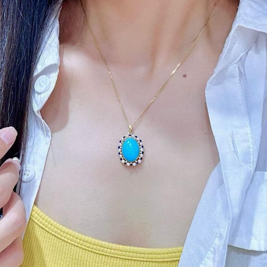 14k Gold 6.80 Ctw Natural Blue Turquoise & Sapphire Pendant( Without Chain ) - 4
