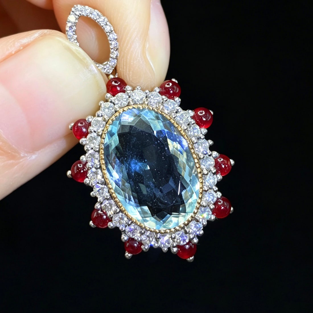 14k Gold 6.18 Ctw Natural Aquamarine & Diamond Pendant( Without Chain ) - 2