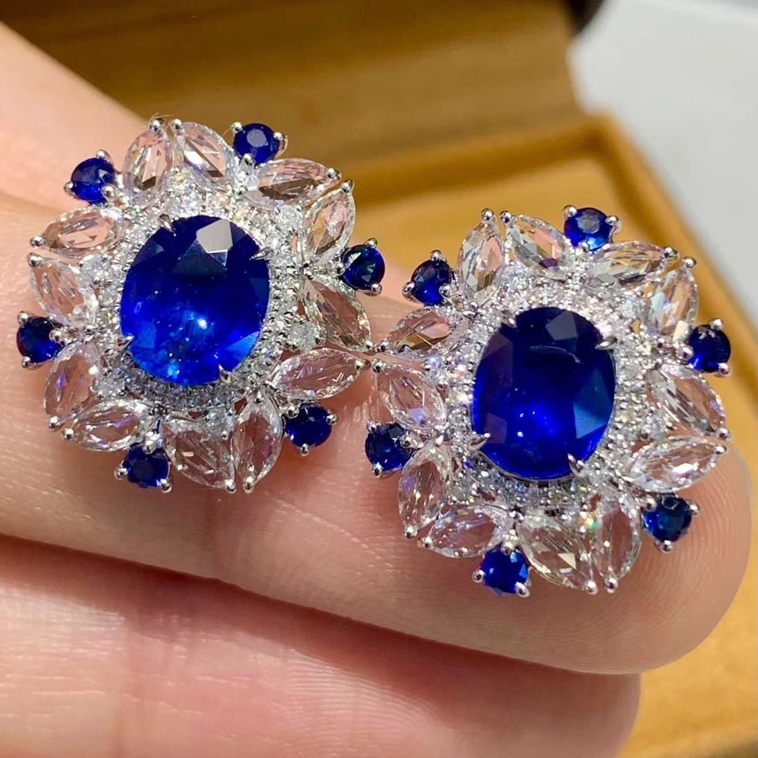 14k Gold 2.4 Ct Natural Sapphire & Diamond & Sapphire Earrings - 2