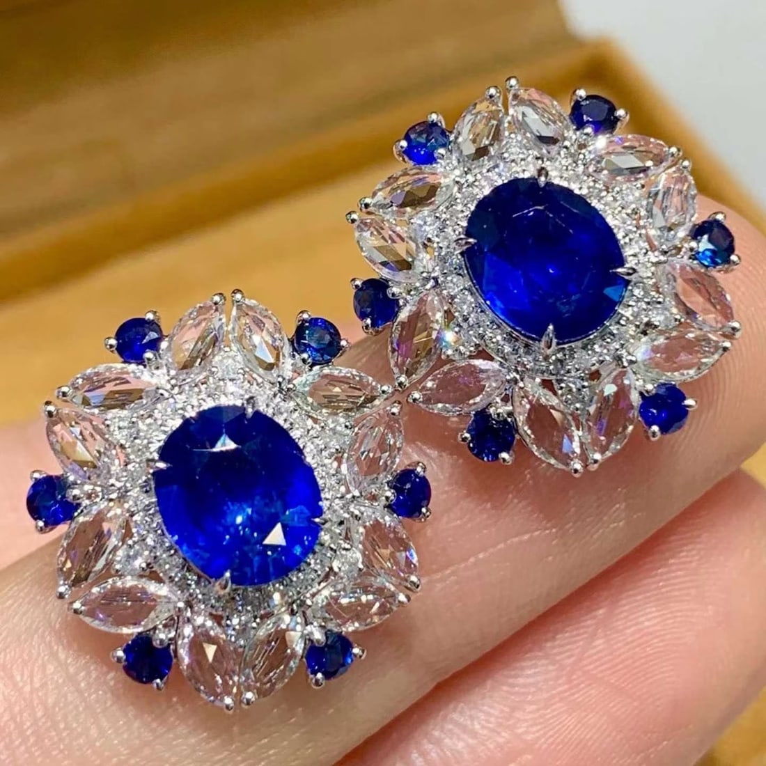 14k Gold 2.4 Ct Natural Sapphire & Diamond & Sapphire Earrings - 4