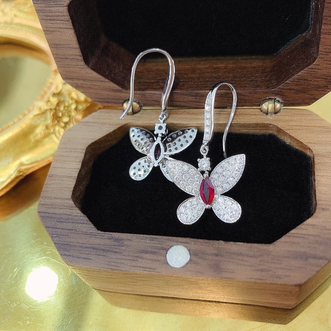 14k Gold 1.38 Ctw Natural Ruby & Diamond & Butterfly Earrings - 4
