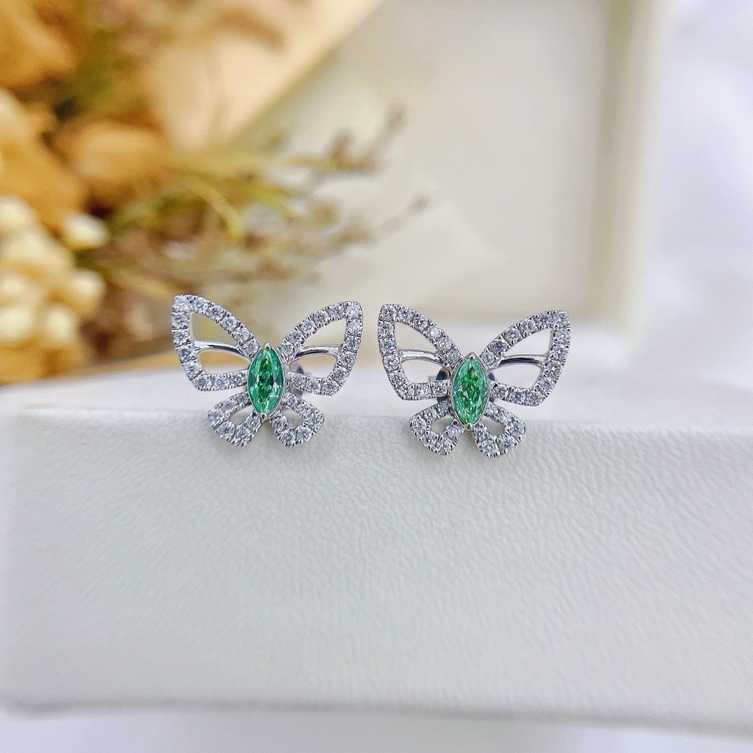 14k Gold 0.65 Ctw Natural Green Diamond & Diamond & Butterfly Earrings: Ref:231190374 // gold content:14k gold // main gemstone:green diamond // shape:marquise // carat weight:0. 32ct // color:green // treatment:natural // // adjacent gemstone 2 : diamond // shape:round