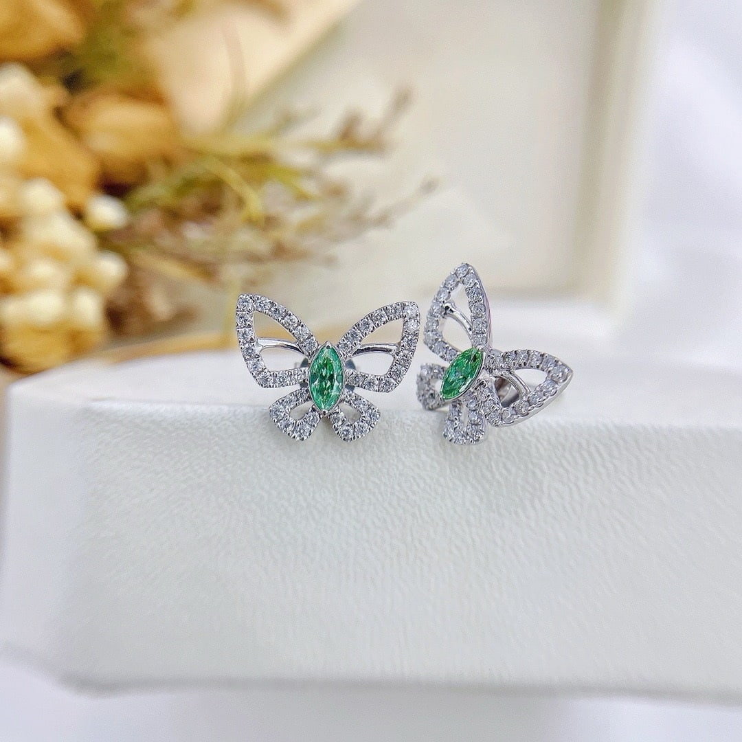 14k Gold 0.65 Ctw Natural Green Diamond & Diamond & Butterfly Earrings - 3