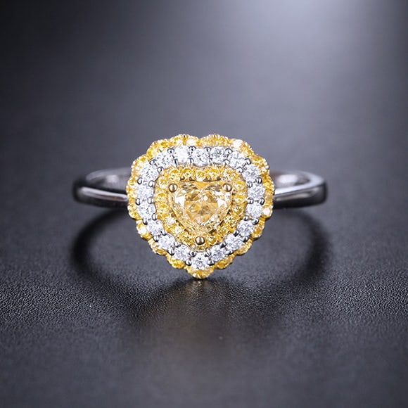 14k Gold 0.61 Ctw Natural Yellow Diamond & Diamond Ring: Ref:231190375 // gold content:14k gold // ring size:7. 25us // // main gemstone:yellow diamond // shape:heart // carat weight:0. 3ct // color:yellow // treatment:natural // // adjacent gemstone 2 :