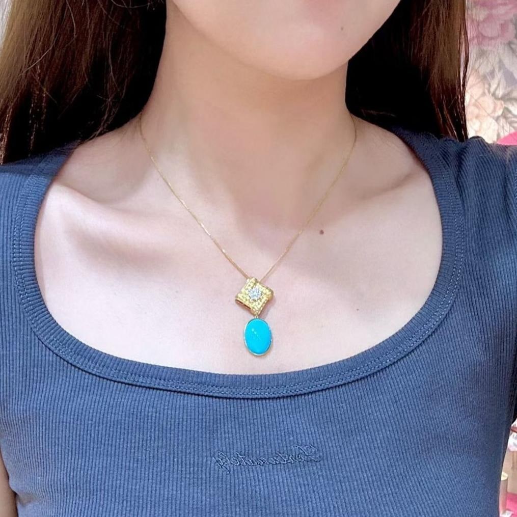 14k Gold 8.78 Ctw Natural Blue Turquoise & Diamond Pendant( Without Chain ) - 3