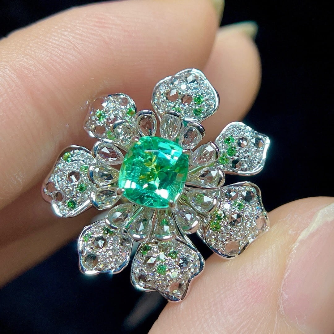 14k Gold 1.70 Ctw Natural Paraiba Tourmaline & Diamond & Flowers Ring - 2