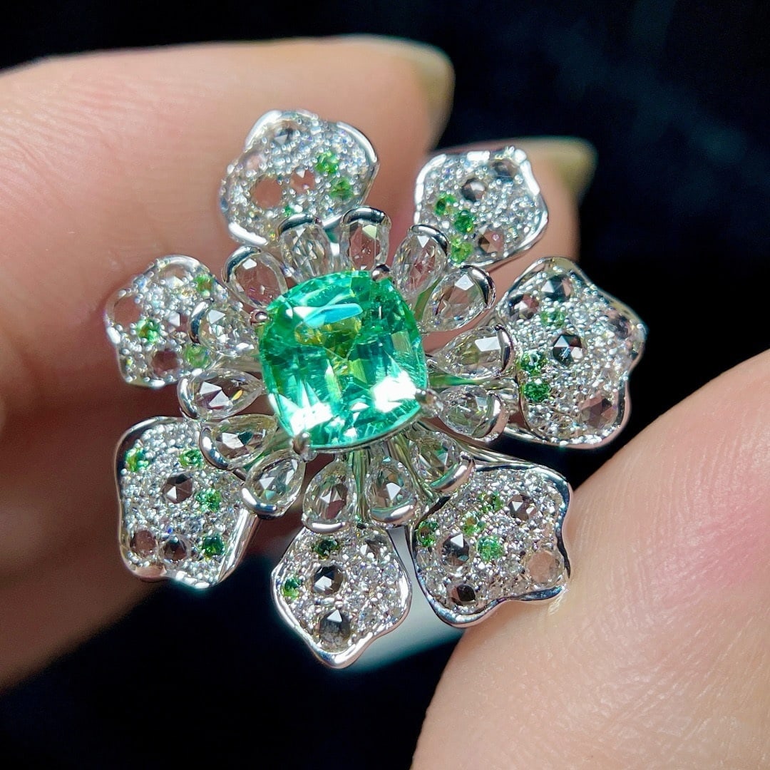 14k Gold 1.70 Ctw Natural Paraiba Tourmaline & Diamond & Flowers Ring - 3