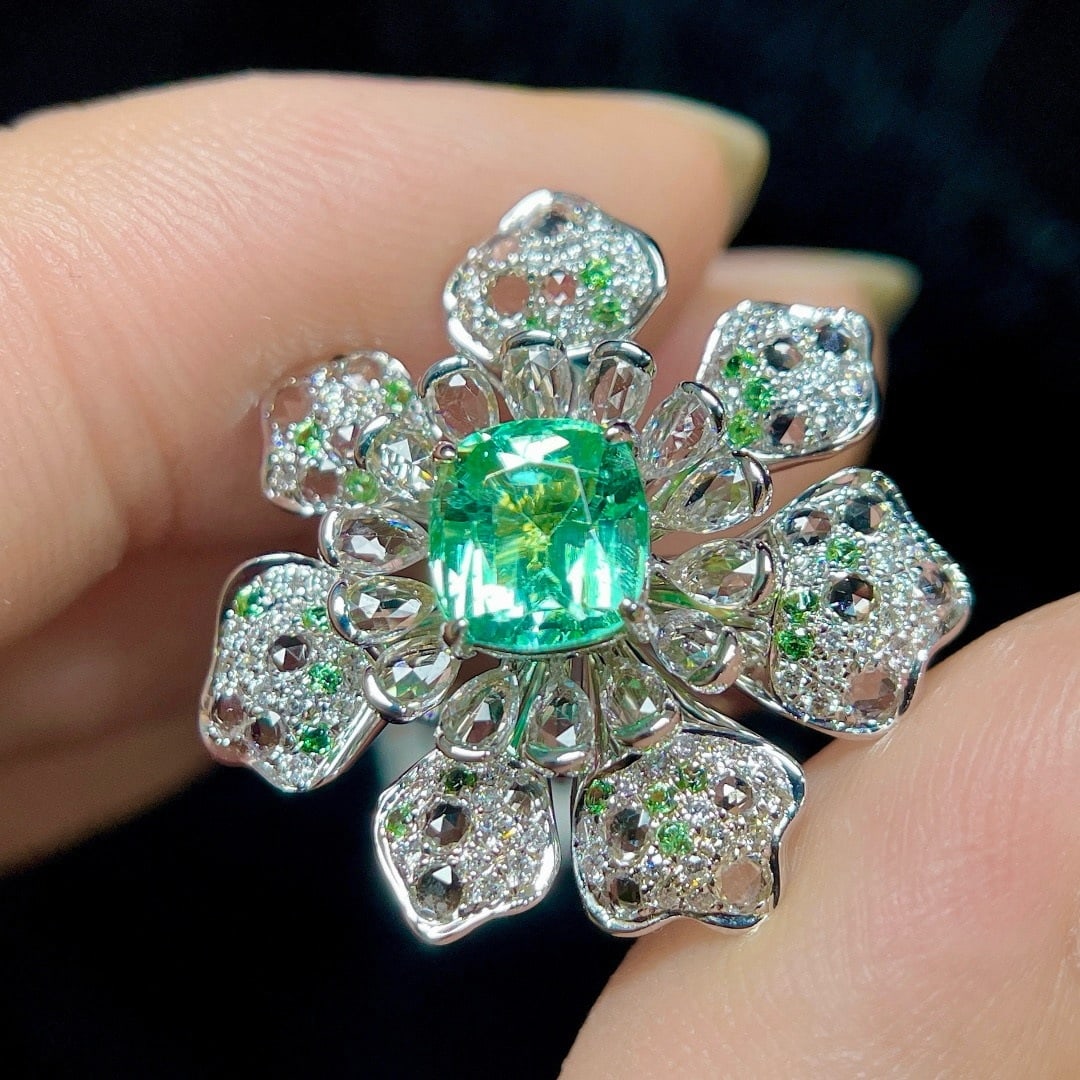 14k Gold 1.70 Ctw Natural Paraiba Tourmaline & Diamond & Flowers Ring - 4