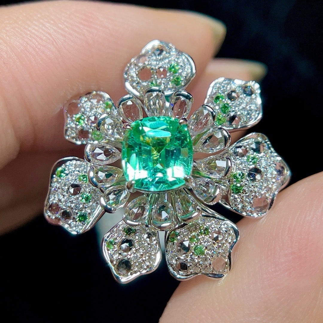 14k Gold 1.70 Ctw Natural Paraiba Tourmaline & Diamond & Flowers Ring - 5