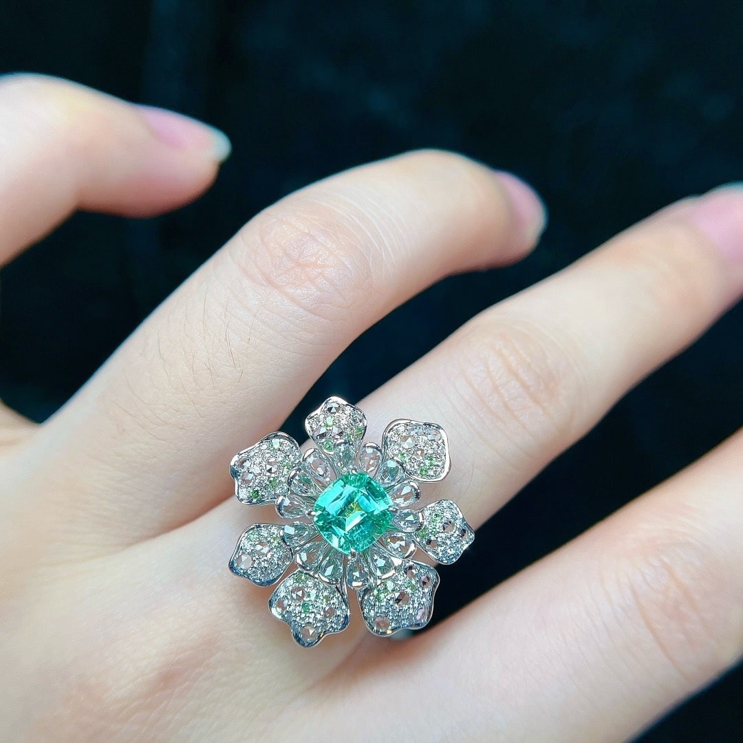 14k Gold 1.70 Ctw Natural Paraiba Tourmaline & Diamond & Flowers Ring - 6