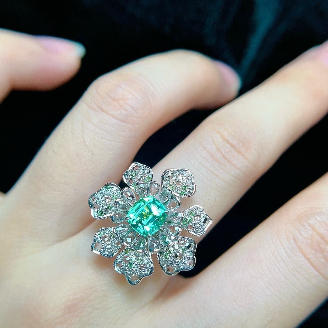 14k Gold 1.70 Ctw Natural Paraiba Tourmaline & Diamond & Flowers Ring - 7