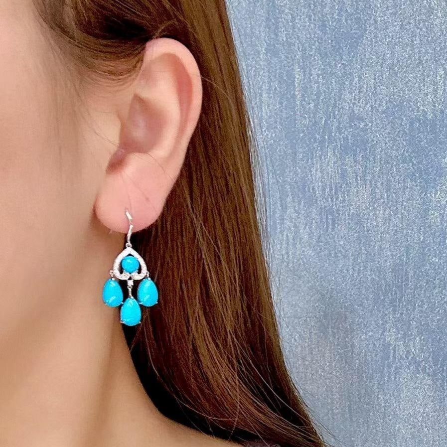 14k Gold 9.22 Ctw Natural Blue Turquoise & Diamond Earrings - 2