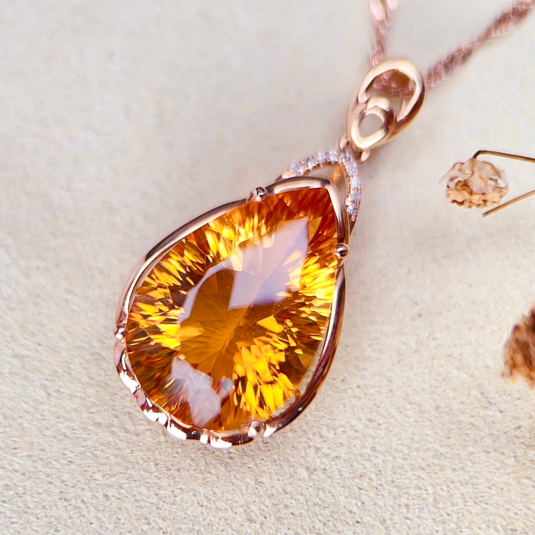 14k Gold 9.22 Ctw Natural Citrine & Diamond Pendant( Without Chain ) - 3
