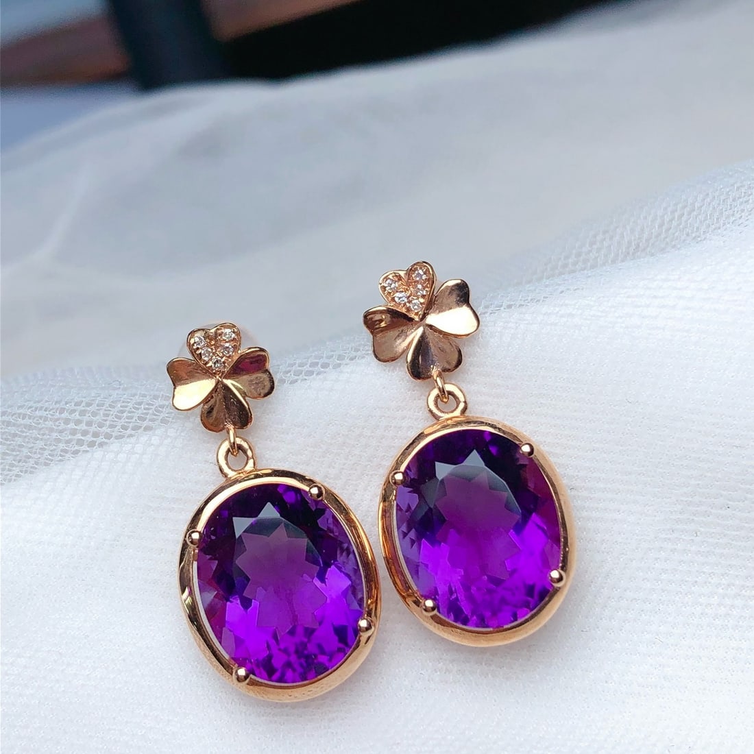 14k Gold 7.25 Ct Natural Amethyst & Diamond Earrings - 2