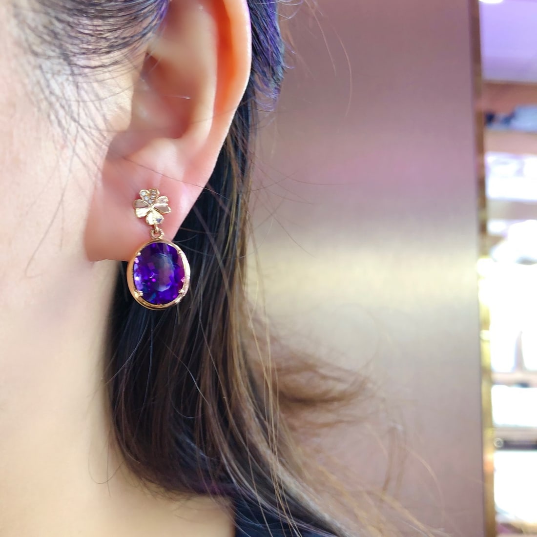 14k Gold 7.25 Ct Natural Amethyst & Diamond Earrings - 4