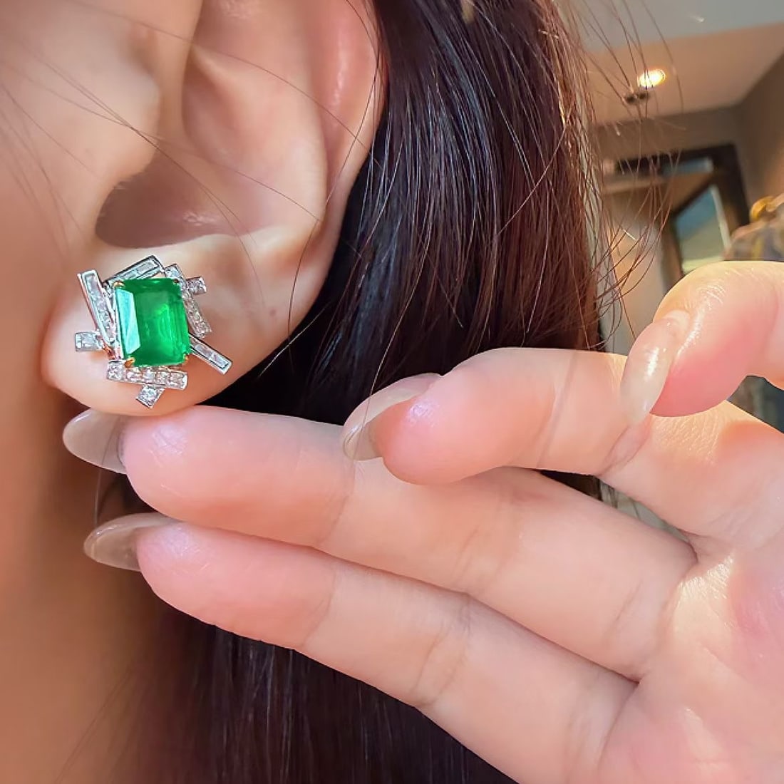 14k Gold 2.7 Ct Natural Emerald & Diamond Earrings - 5