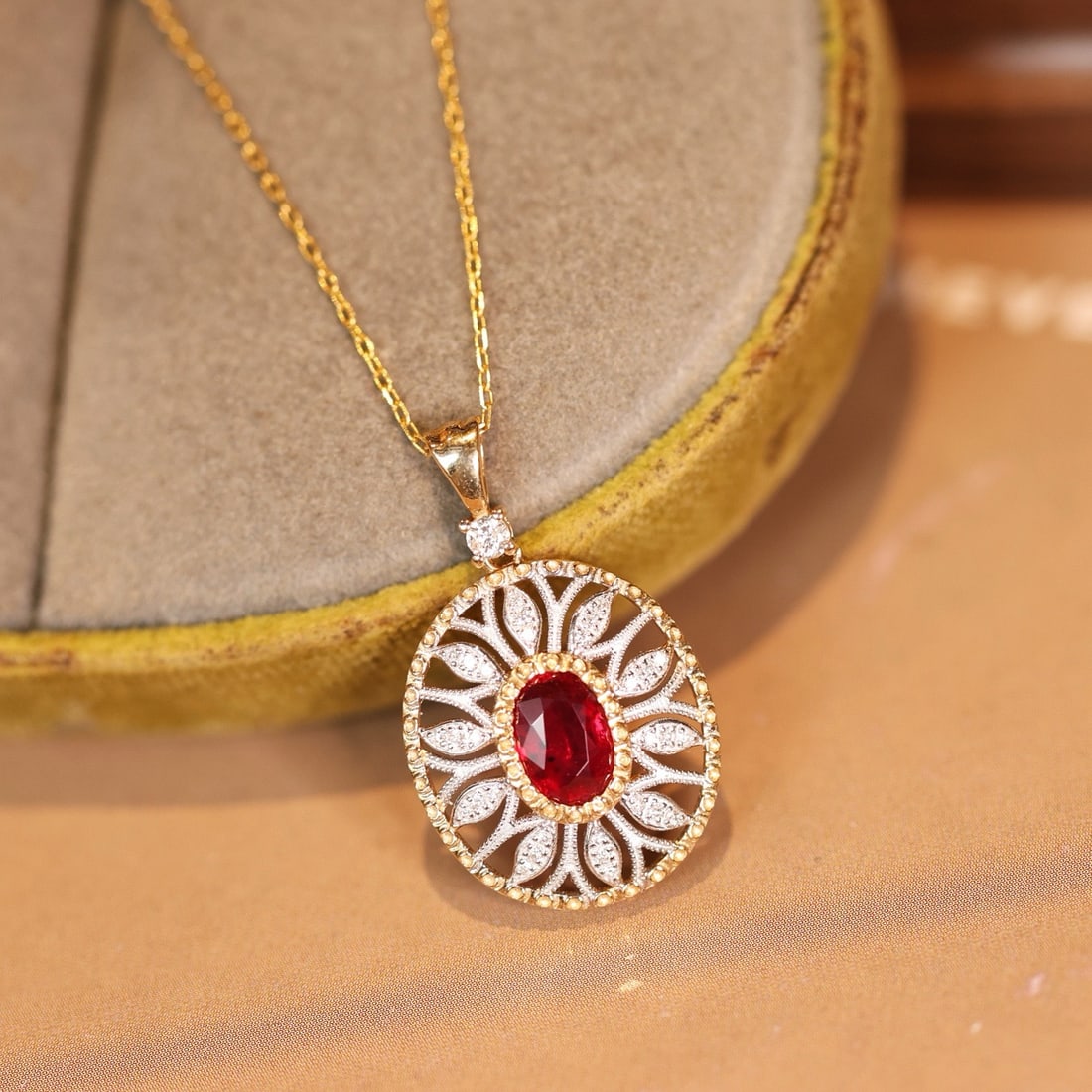 14k Gold 0.65 Ctw Natural Ruby & Diamond Pendant( Without Chain ): Ref:231190411 // gold content:14k gold // main gemstone:ruby // shape:oval // carat weight:0. 54ct // color:red // treatment:natural // // adjacent gemstone 2 : diamond // shape:round // carat weight: