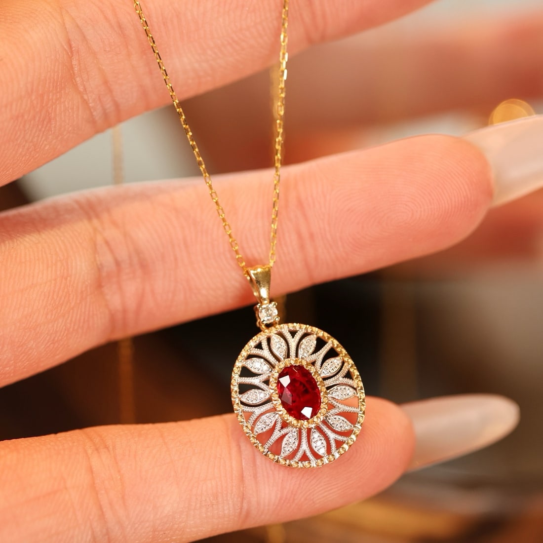 14k Gold 0.65 Ctw Natural Ruby & Diamond Pendant( Without Chain ) - 4