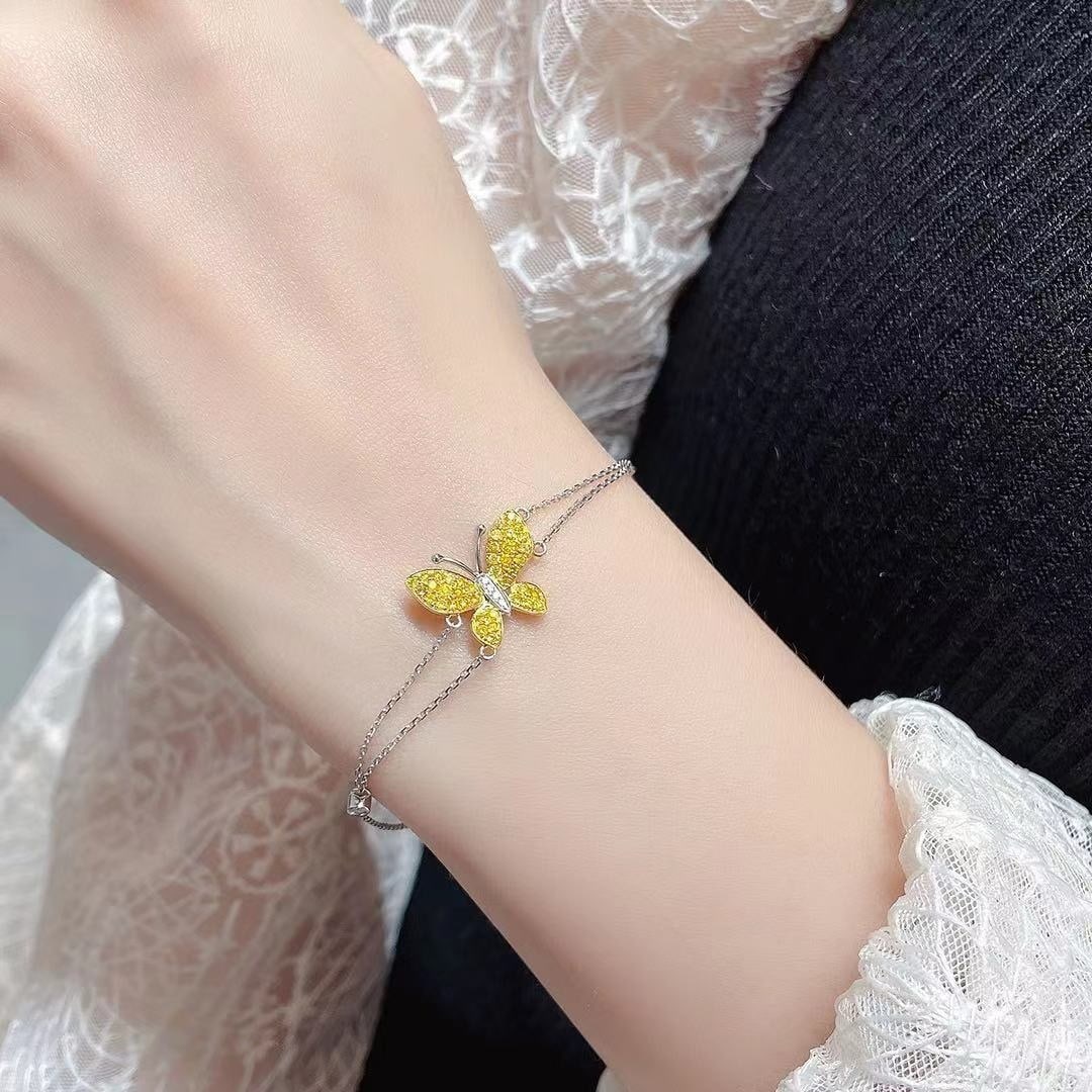 14k Gold 0.38 Ctw Natural Yellow Diamond & Diamond & Butterfly Bracelet - 4