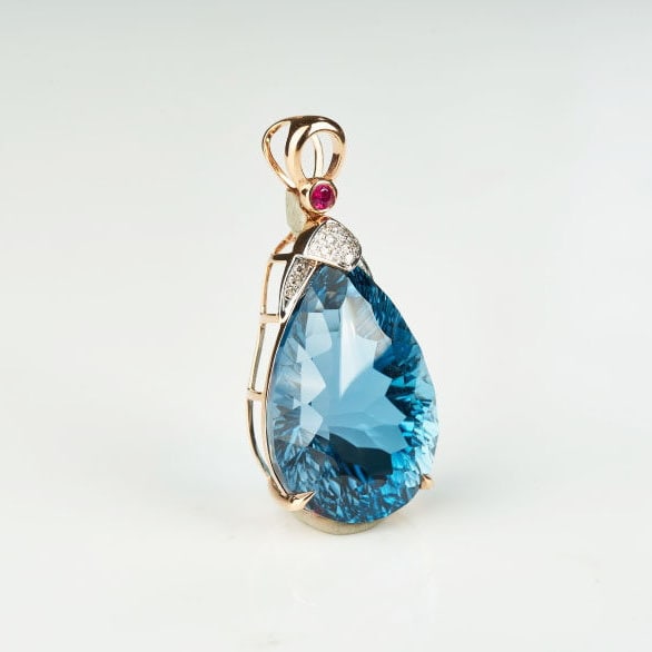 14k Gold 21.45 Ct Natural Topaz & Diamond & Ruby Pendant( Without Chain ) - 7