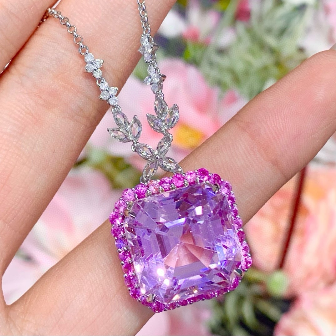 14k Gold 28.6 Ct Natural Kunzite & Diamond & Sapphire Necklace - 2