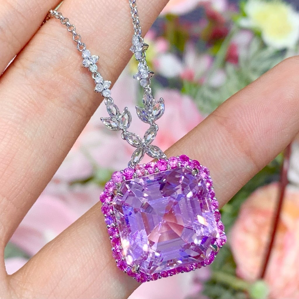 14k Gold 28.6 Ct Natural Kunzite & Diamond & Sapphire Necklace - 3