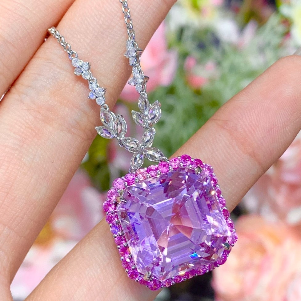 14k Gold 28.6 Ct Natural Kunzite & Diamond & Sapphire Necklace - 5