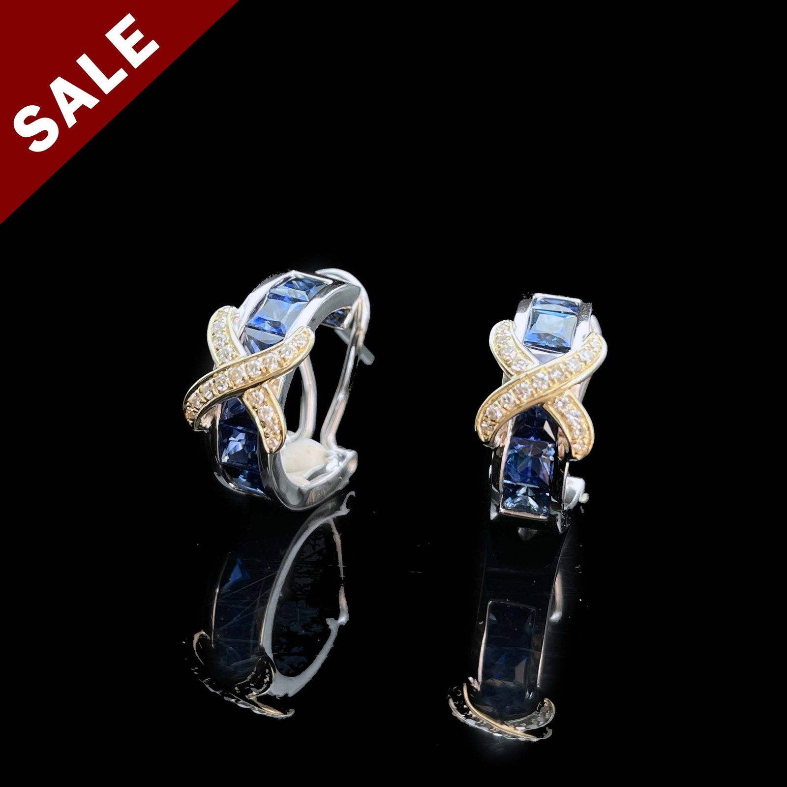14k Gold 1.72 Ctw Vivid Blue Natural Sapphire & Diamond Earrings: Ref:230794003 // gold content:14k gold // main gemstone:sapphire // shape:square // carat weight:1. 62ct // color:vivid blue // treatment:natural // // adjacent gemstone 2 : diamond // number of