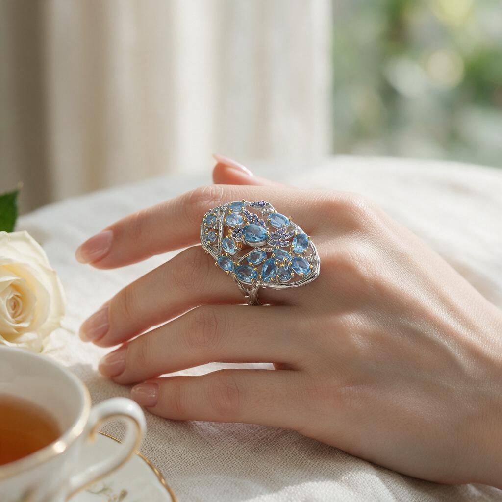 925 Sterling Silver Natural Topaz & Nano Sapphire & Cubic Zirconia Ring - 6