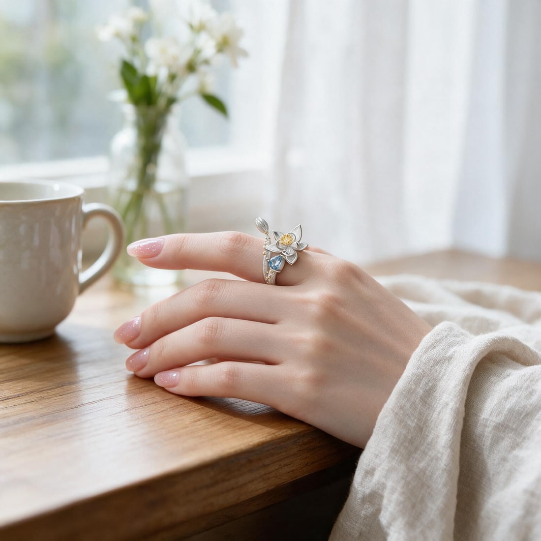 925 Sterling Silver Natural Topaz & Flowers Ring - 4