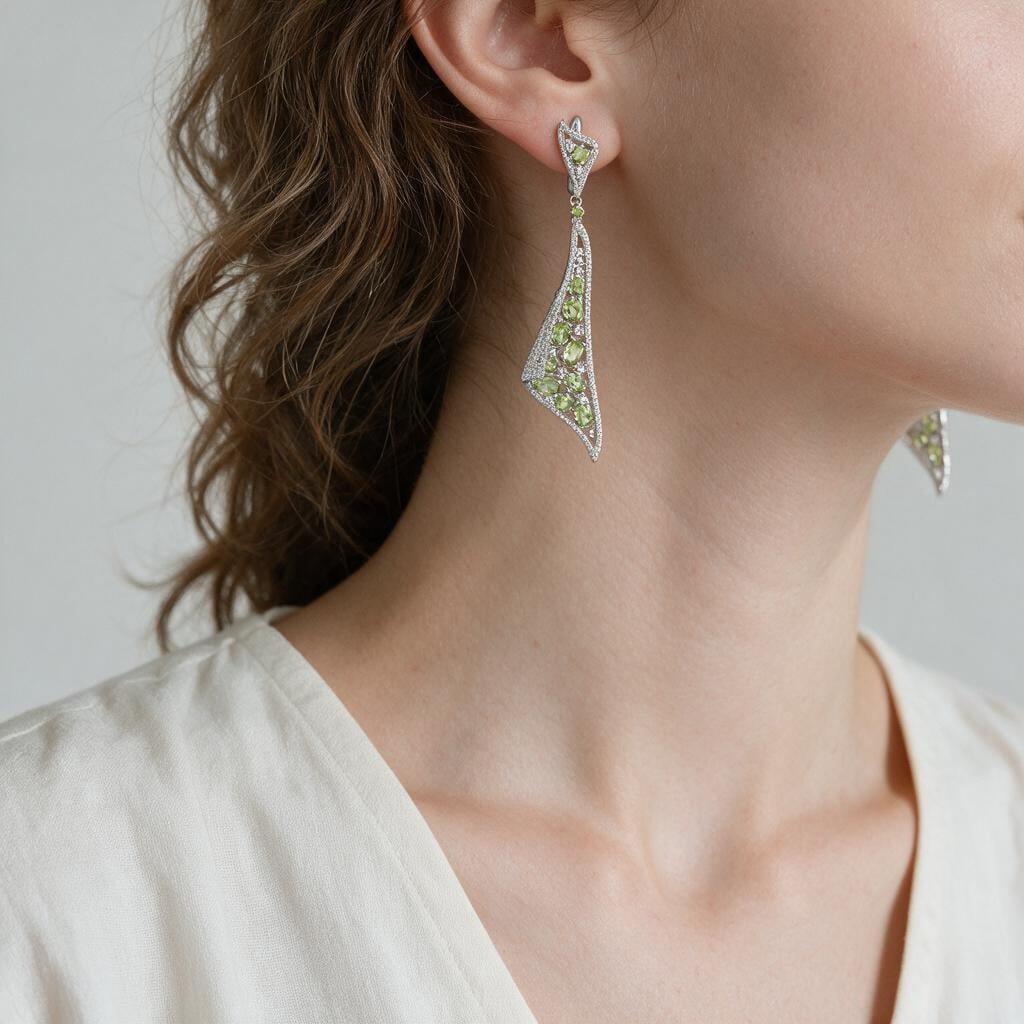 925 Sterling Silver Natural Peridot & Cubic Zirconia Earrings - 4