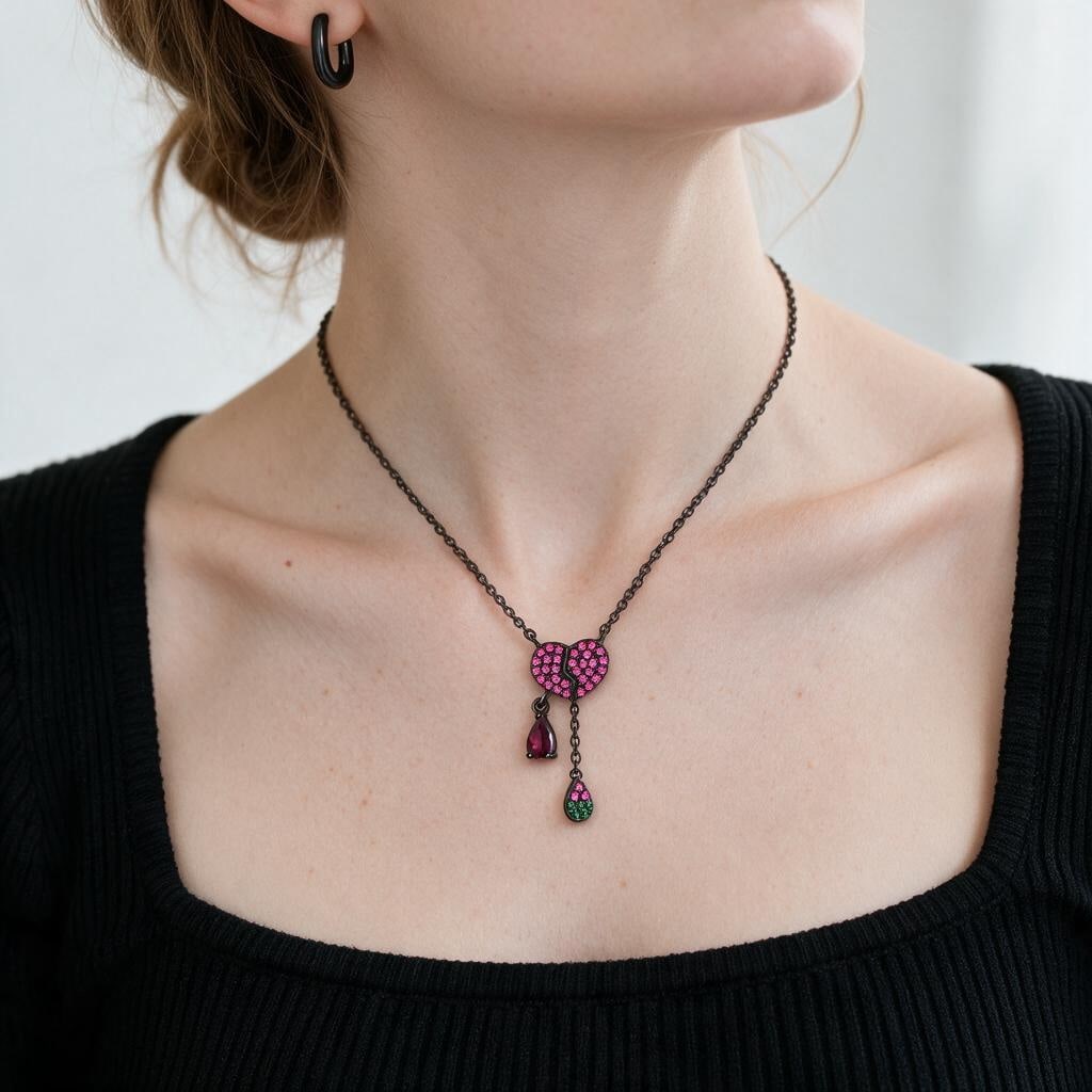 925 Sterling Silver Natural Rhodolite Garnet & Synthetic Ruby & Nano Emerald Necklace - 6