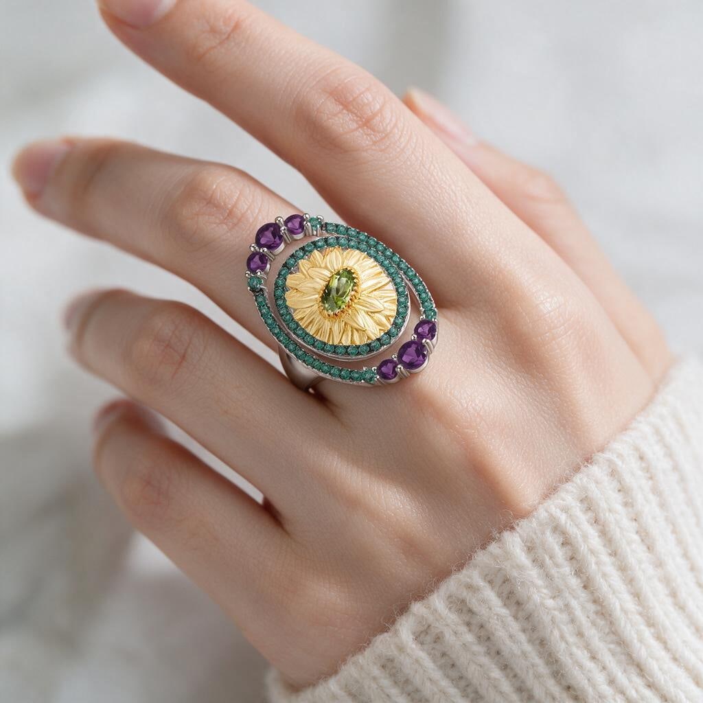 925 Sterling Silver Natural Peridot & Amethyst & Nano Emerald Ring - 7
